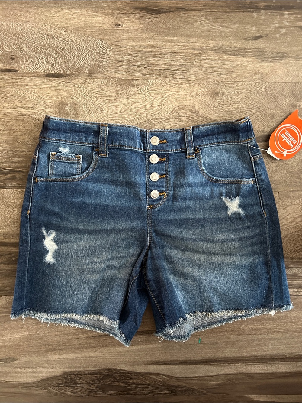 wonder nation Medium Wash Button-Front Distressed Jean Shorts